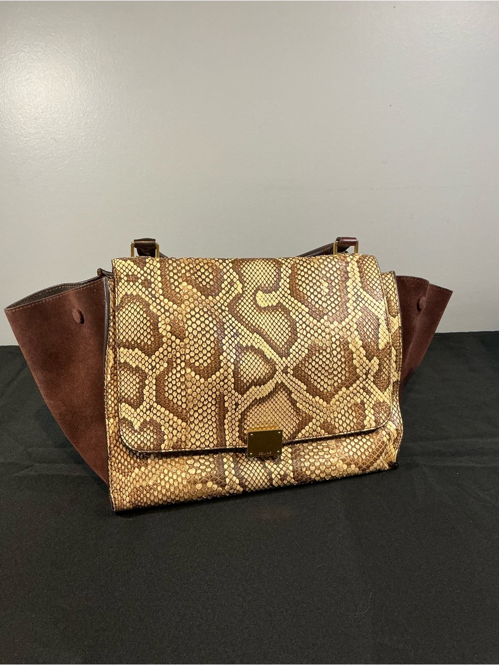 Celine Brown Snake-Print Shoulder Bag with Dark Brown Suede Wings